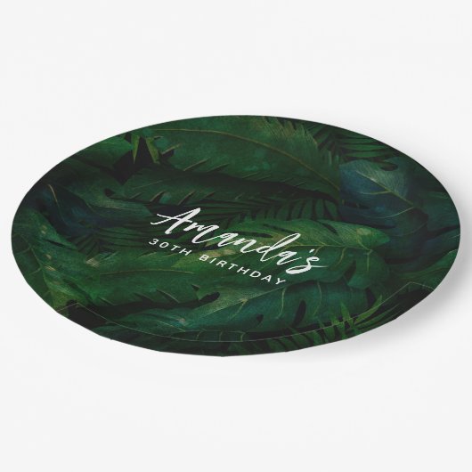 ダークグリーン熱帯葉パターン誕生日 ペーパープレート (アングル)