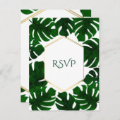 ダークグリーン熱帯離れ金ゴールドホワイトウェディングRSVP インビテーションポストカード (正面/裏面)