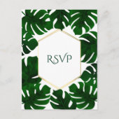 ダークグリーン熱帯離れ金ゴールドホワイトウェディングRSVP インビテーションポストカード (正面)
