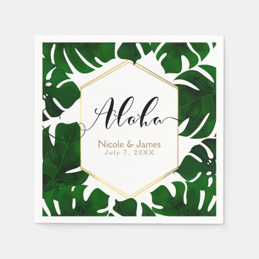 ダークグリーン葉トロピカルトロピカルズ結婚ホワイト スタンダードカクテルナプキン (正面)