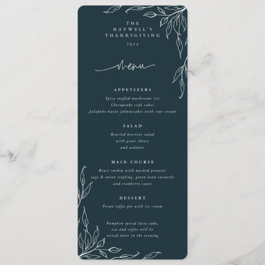 ダークグリーン葉モチーフ感謝祭フラット4コース メニュー (正面)