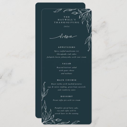 ダークグリーン葉モチーフ感謝祭フラット4コース メニュー (正面/裏面)