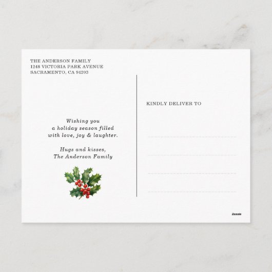 ダークグリーン赤い雪のクリスマスライト写真 シーズンポストカード (裏面)