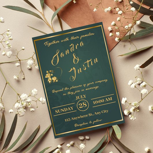 ダークグリーン金ゴールドエレガントウェディング招待状 招待状