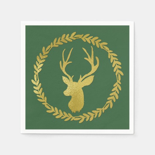 ダークグリーン金ゴールドディアリースクリスマスナプキン スタンダードカクテルナプキン (正面)