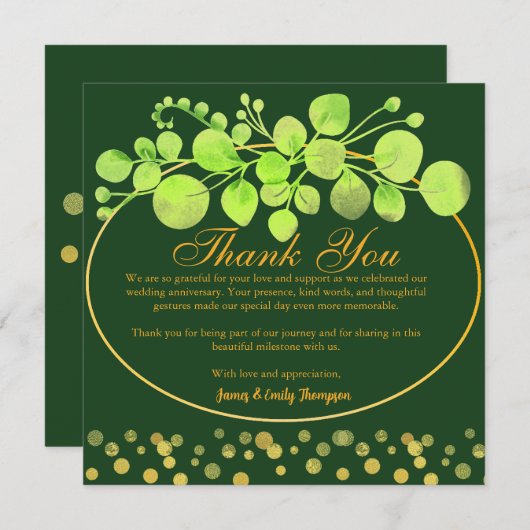 ダークグリーン金ゴールドリービーリースユーカリ植物学 サンキューカード (正面/裏面)