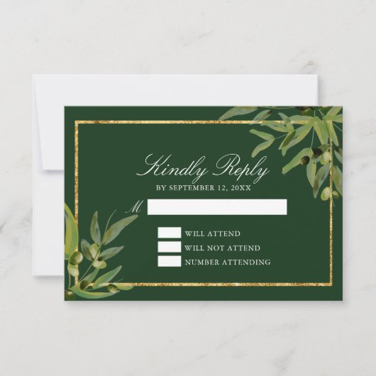 ダークグリーン金ゴールド植物葉の親切な応答 出欠カード (正面)
