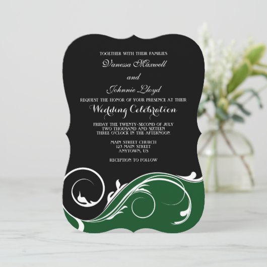 ダークグリーン黒スワールブラケットウェディング招待状 招待状 (スタンド正面)