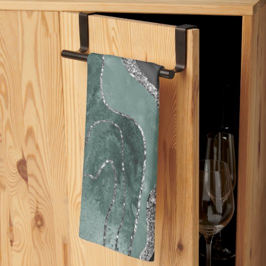 ダークグリーン黒大理石アガテシルバーグラム#1 キッチンタオル (三つ折り)