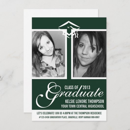 ダークグリーン2枚の写真研究用キャップとスクリプト 招待状 (正面/裏面)