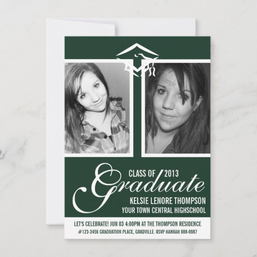 ダークグリーン2枚の写真研究用キャップとスクリプト 招待状 (正面)