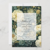 ダークグリーン、クリーム、ゴールドの花柄の結婚式 招待状 (正面)