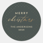 ダークグリーン & ゴールドのドット柄 楽しいクリスマス ラウンドシール (正面)