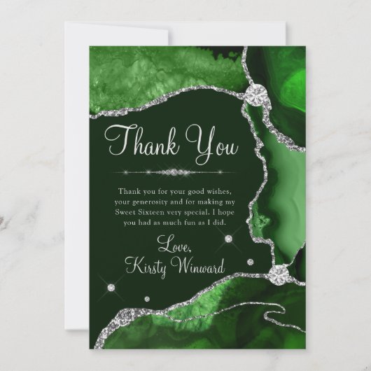 ダークグリーン&シルバーフェイクグリッターアゲットスウィート16 サンキューカード (正面)