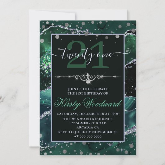 ダークグリーン&シルバーフェイクグリッターアゲート誕生日 招待状 (正面)