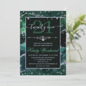 ダークグリーン&シルバーフェイクグリッターアゲート誕生日 招待状 (スタンド正面)