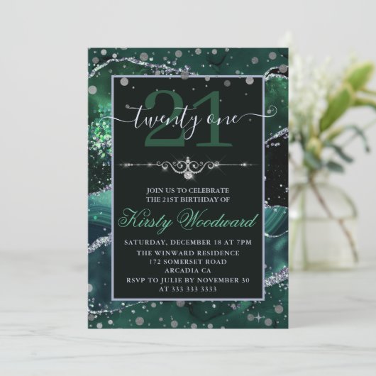 ダークグリーン&シルバーフェイクグリッターアゲート誕生日 招待状 (スタンド正面)