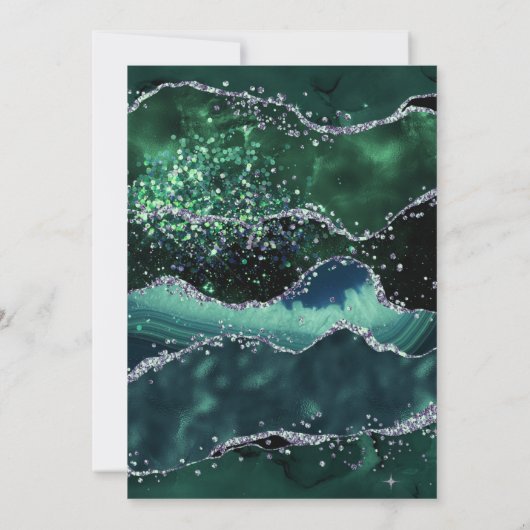 ダークグリーン&シルバーフェイクグリッターアゲート誕生日 招待状 (裏面)