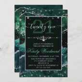 ダークグリーン&シルバーフェイクグリッターアゲート誕生日 招待状 (正面/裏面)