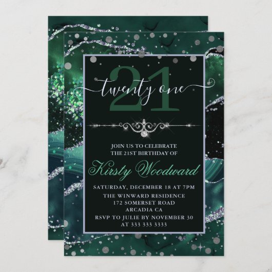 ダークグリーン&シルバーフェイクグリッターアゲート誕生日 招待状 (正面/裏面)