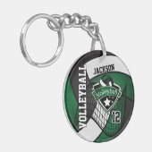 ダークグリーン、ブラック&ホワイトバレーボールデザイン キーホルダー (正面左)