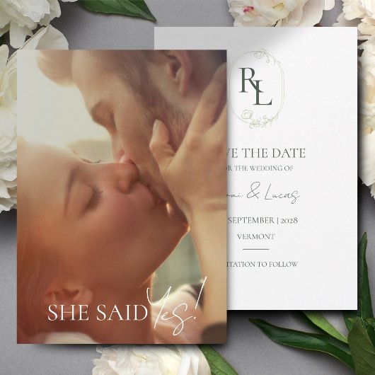 ダークグリーン&ホワイトフローラモノグラム結婚フォト 案内状