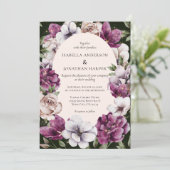 ダークグリーン ワインパープル フラワーズ QRコード ウェディング 招待状 (スタンド正面)