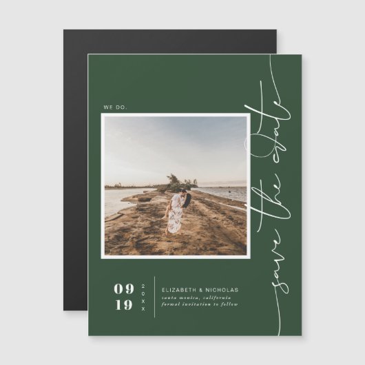 ダークグリーン|日モダン付ミニマル写真の保存 マグネット招待状 (正面/裏面)