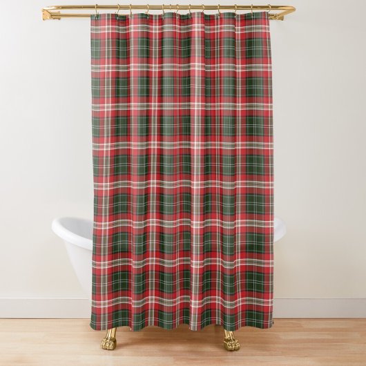 ダークグリーン、赤と白タータンチェックプレイド シャワーカーテン