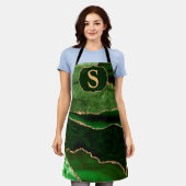 ダークグリーン&金ゴールドグリッターマーブルアゲートモノグラム エプロン (着用した状態)
