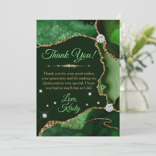 ダークグリーン&金ゴールドフェイクグリッターアゲートキンセニェラ サンキューカード (スタンド正面)