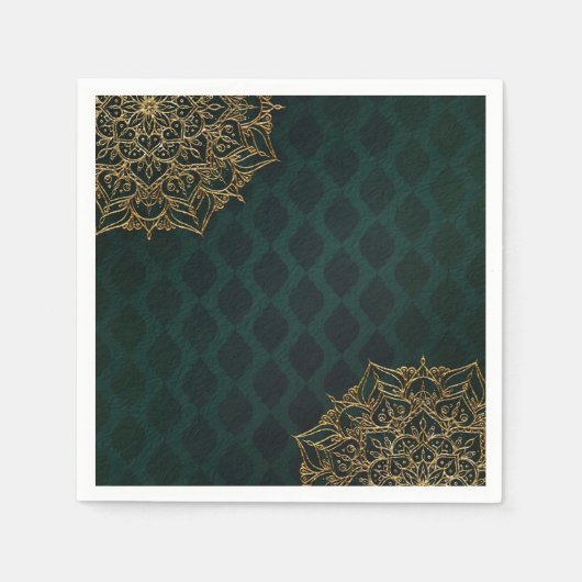 ダークグリーン&金ゴールドモロッコアラビアンナイト結婚ズ スタンダードカクテルナプキン (正面)