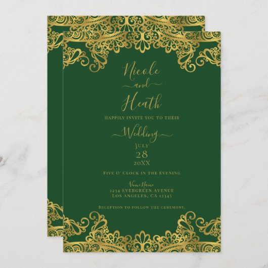 ダークグリーン&金ゴールドレースエレガントウェディング 招待状 (正面/裏面)