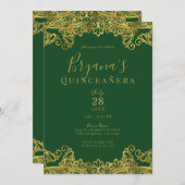 ダークグリーン&金ゴールドレースキエレガントンセアニラパーティー 招待状 (正面/裏面)