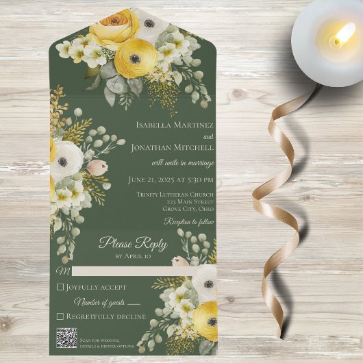 ダークグリーンQRコード上の金ゴールドとベージュフローラ オールインワン招待状