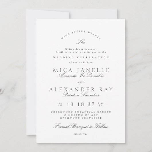 ダークグレイエレガント白フォーマル書結婚の 招待状 (正面)