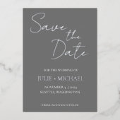 ダークグレイシンプルスタイルウェディング日付を保存 箔招待状 (正面)