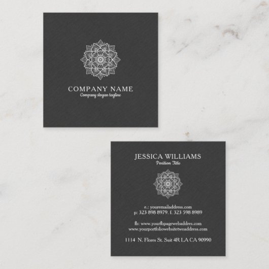 ダークグレイフェイクリネン&ホワイトマンダラ スクエア名刺 (正面/裏面)