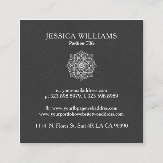 ダークグレイフェイクリネン&ホワイトマンダラ スクエア名刺 (裏面)