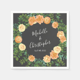 ダークグレイ結婚ピーチモダンフローラ スタンダードカクテルナプキン