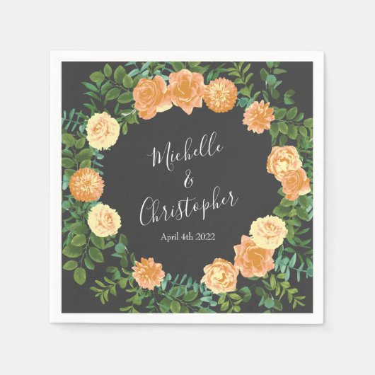 ダークグレイ結婚ピーチモダンフローラ スタンダードカクテルナプキン (正面)