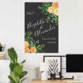 ダークグレイ結婚ピーチモダンフローラ ポスター (ホームオフィス)