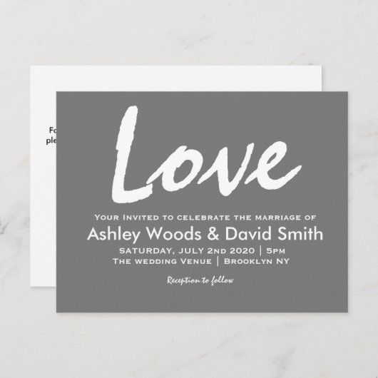 ダークグレーおよび白くモダンな原稿の招待状 インビテーションポストカード (正面/裏面)