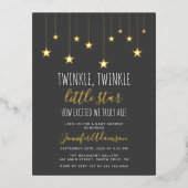 ダークグレーきらめく小さな星の赤ちゃんシャワー 箔招待状ポストカード (正面)