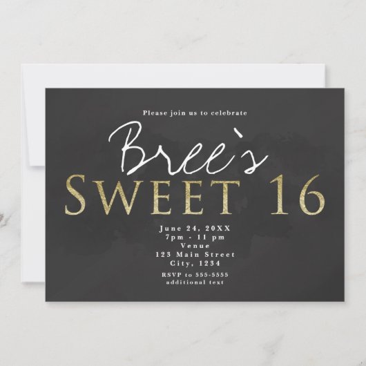 ダークグレーとゴールドのSWEET 16おしゃれな誕生日パーティー 招待状 (正面)