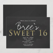 ダークグレーとゴールドのSWEET 16おしゃれな誕生日パーティー 招待状 (正面/裏面)