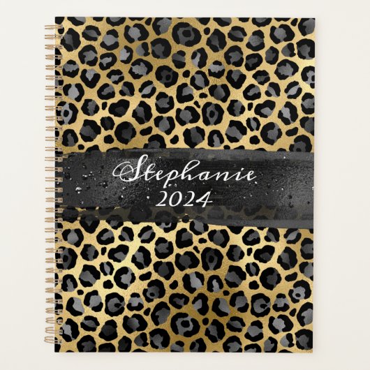 ダークグレーとゴールドフォイルヒョウのブラシストローク プランナー手帳 (正面)