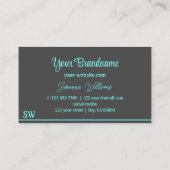 ダークグレーとティール(緑がかった色)ストライプモノグラム付きスタイリッシュ 名刺 (裏面)