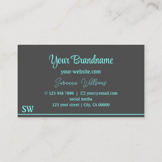 ダークグレーとティール(緑がかった色)ストライプモノグラム付きスタイリッシュ 名刺 (裏面)