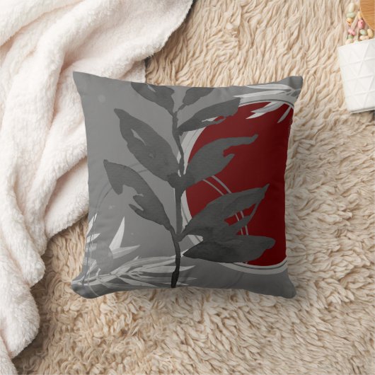 ダークグレーとブルゴーニュ抽象芸術ウォーターカラーリーフ クッション (ブランケット)